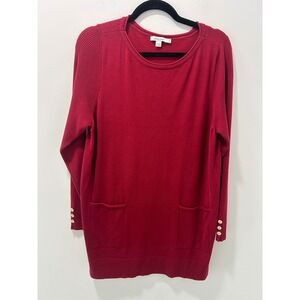 Chicos Red Tunic Sweater Womens 2 Large Ribbed Sleeve Gold Button Pocket Rayon